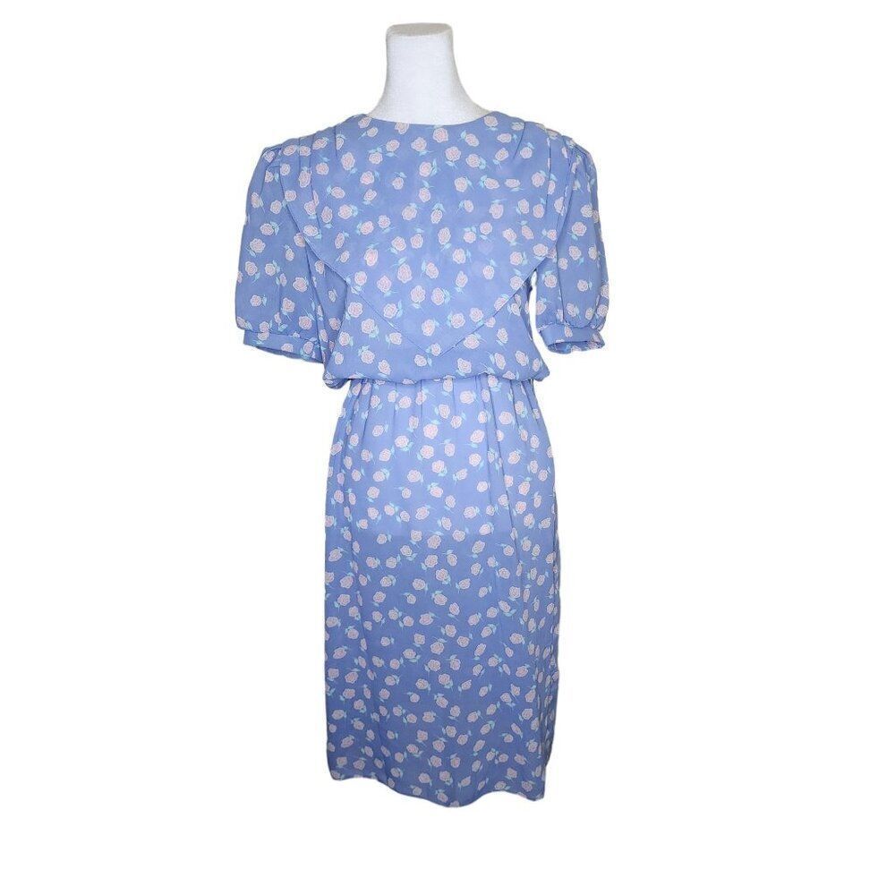 Vintage 90s Short Sleeve Blouson Dress Womens S Blue Pink Roses Ditzy Floral